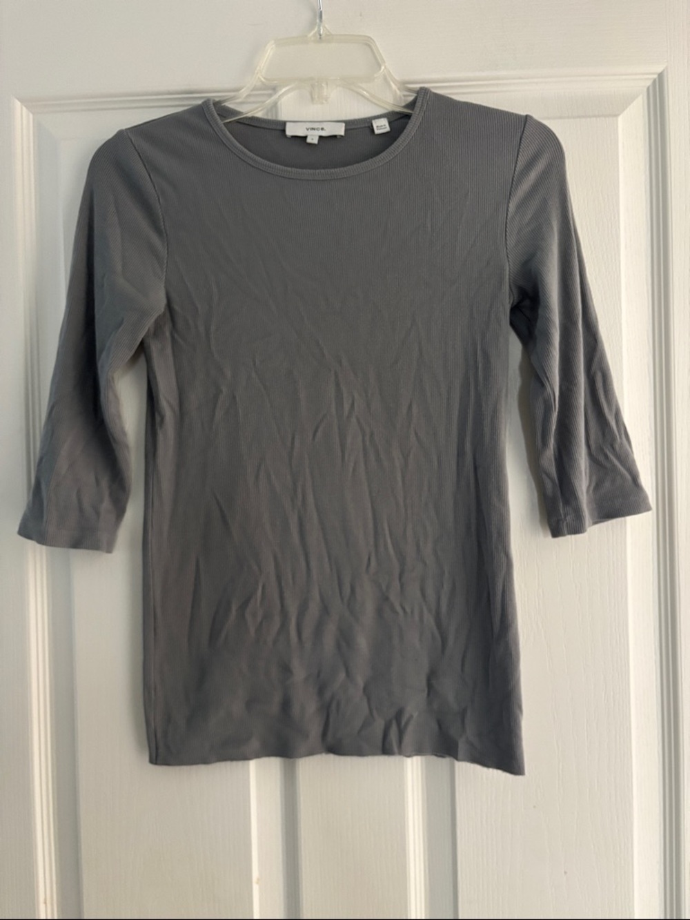 Vince Women's Gray Ribbed Three-Quarter Sleeve Top Sz S